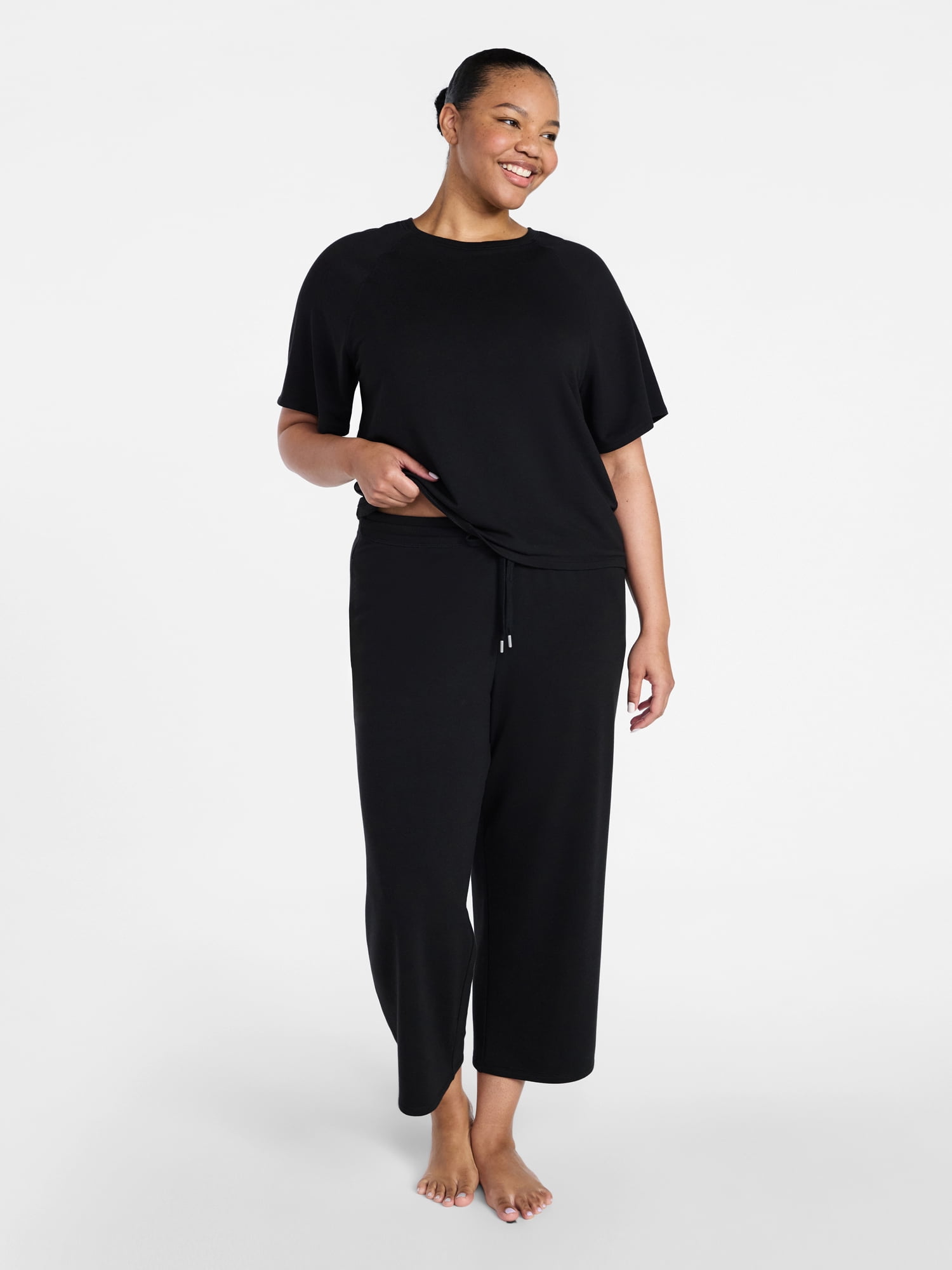 Joyspun Women's French Terry Lounge Sleep Short Sleeve Top and Capri Pants Set, 2 Piece, Sizes XS-3X