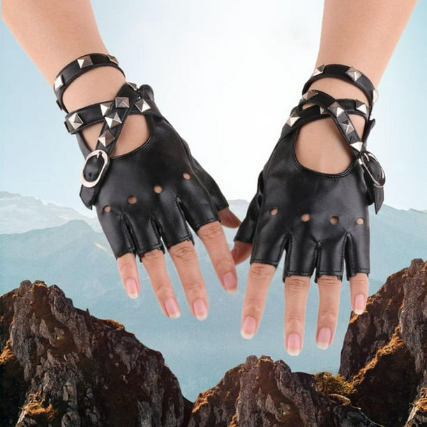 Guantes de mujer Salvador de cuero PU gótico punk con remaches rendimiento broche a presión negro