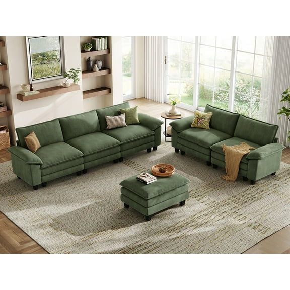 Linsy Home Oversized 3-Piece Sofa Set for Living Room, Comfy Corduroy Living Room Furniture Set Include Sectional Couch, Loveseat and Movable Ottoman, Green