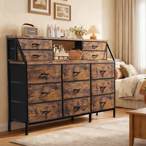 Cómoda de Almacenamiento con 13 Cajones Tela, Mueble Organizador para Dormitorio, TV hasta 65 Pulgadas, Estante Superior con Compartimentos, Estructura de Metal Resistente, Negro