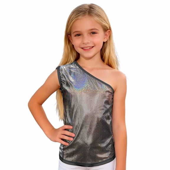 Byoo Toddler Girls Glitter T Shirt Metallic One-Shoulder Solid Color Pullover Top for Kids Casual Daily Tshirt, Black