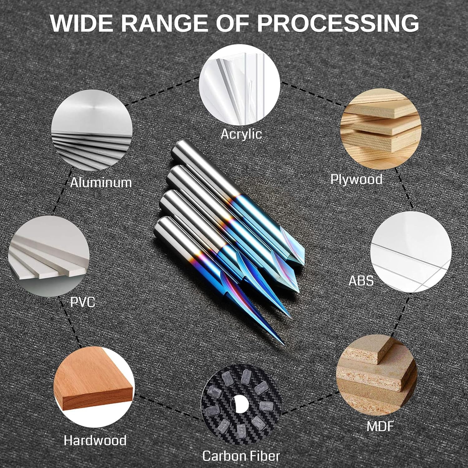 Genmitsu CNC Wood Carving Router Bits Set, 1/4'' Shank, 4 PCS, 15° Detail Carving Liner+ 20° Profile bit+ 60° & 90° V Groove