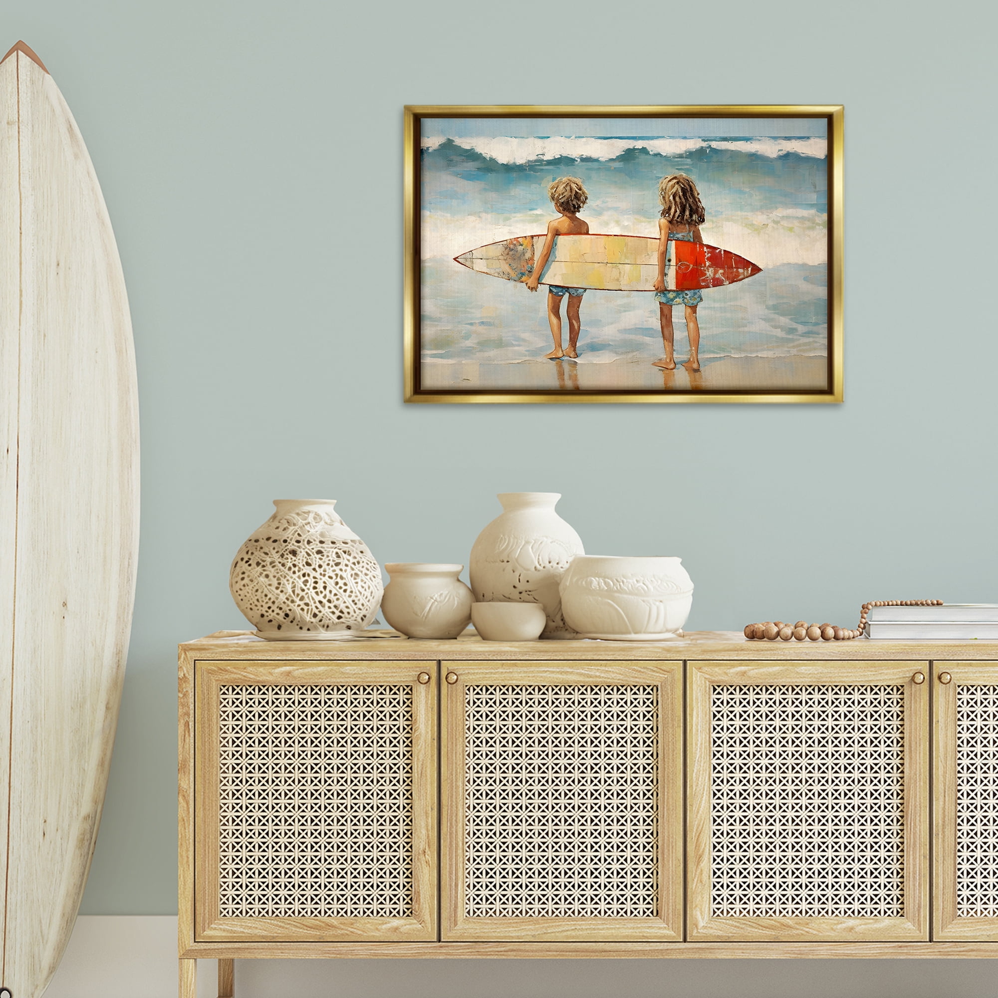 Stupell Industries Kids with Surf Waves People Painting Gold Floater Framed Canvas Art Print Wall Art, 31 x 21