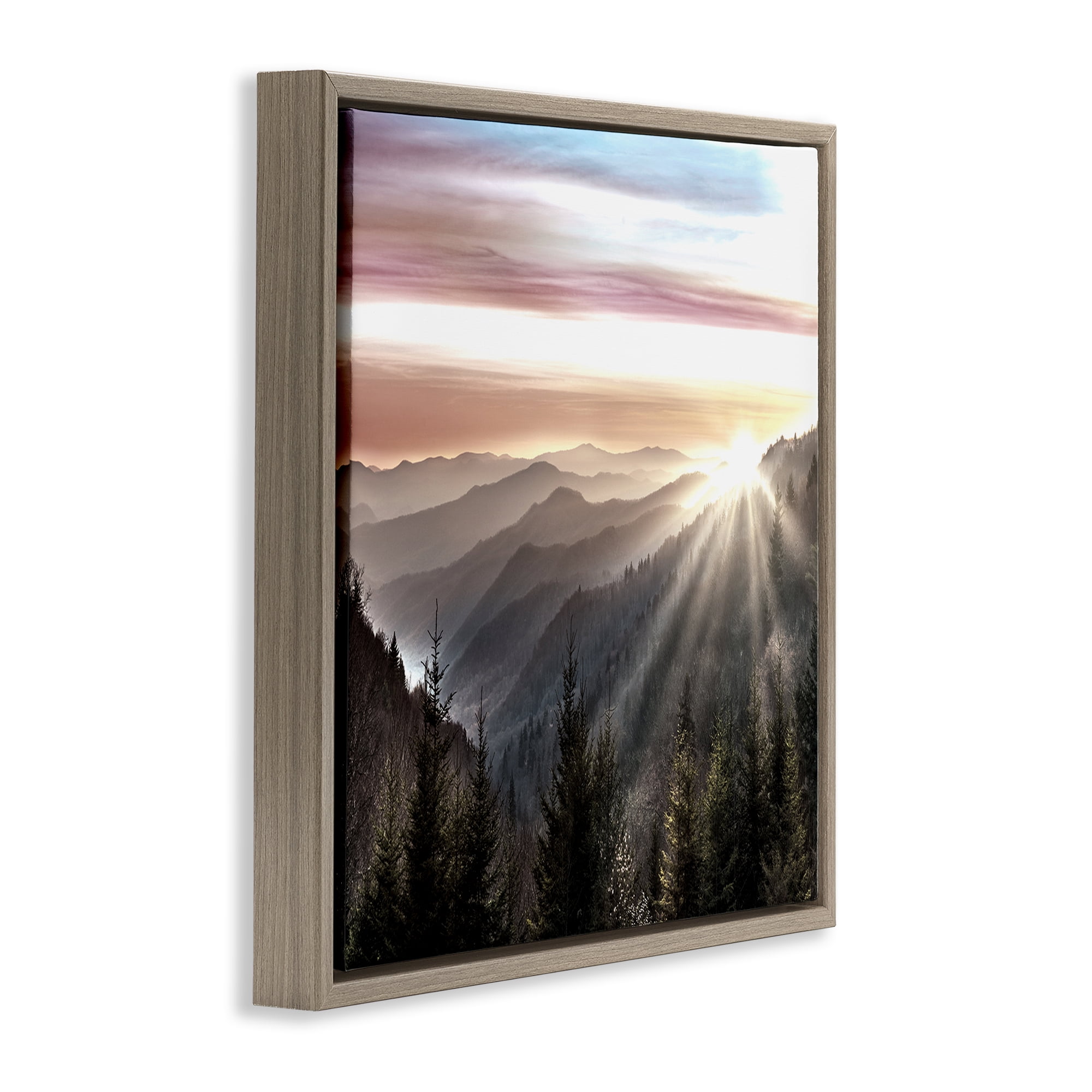 Stupell Industries Sun Rays Through Peaks Landscape & Nature Painting Brown Floater Framed Canvas Art Print Wall Art, 18 x 18
