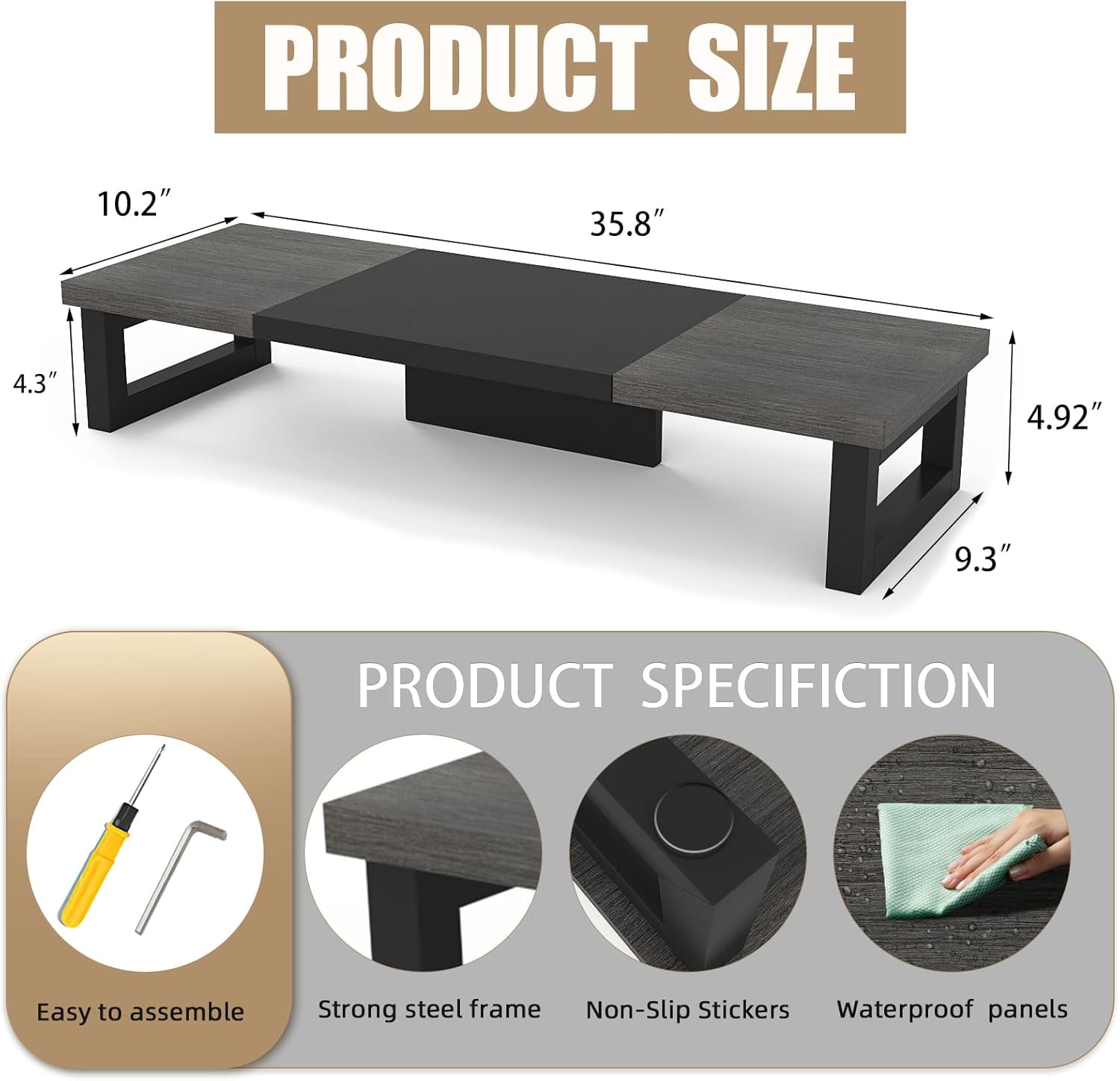 Dual Monitor Stand Riser with Wood and Steel, Multi-Purpose Desktop Storage Stand for Computer, Laptop, Printer, and TV