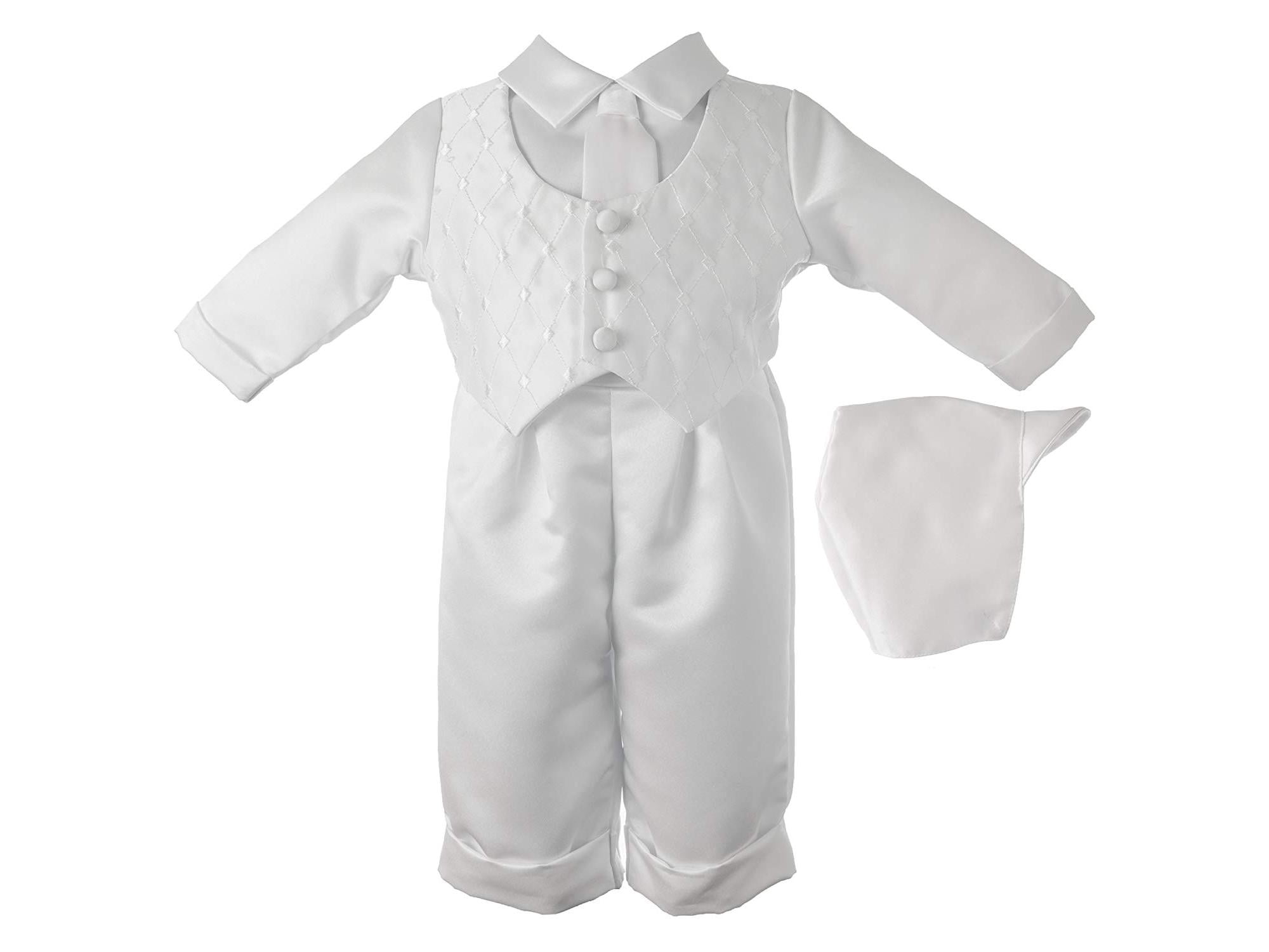 M White Embroidered Shantung Chistening Baptism Vest and Short Set with Bowtie and Hat 6-9 Month M White Embroidered Shantung Chistening Baptism Vest and Short Set with Bowtie and Hat 6-9 Month