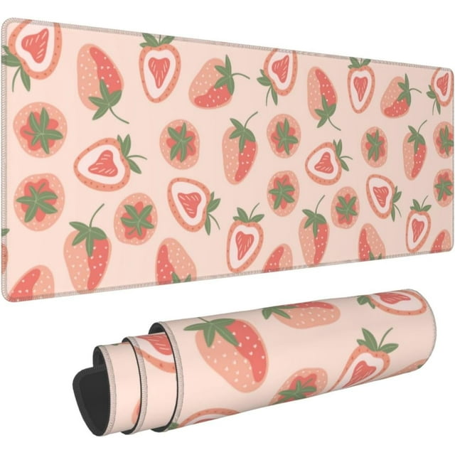 Pink Strawberry Gaming Mouse Pad 31.5x11.8 Inch XL Mouse Pad Mat with NonSlip Base Desk Pad Mat Stitched Edges for Home Office Game, Add a Sweet and Stylish Touch to Your Desk