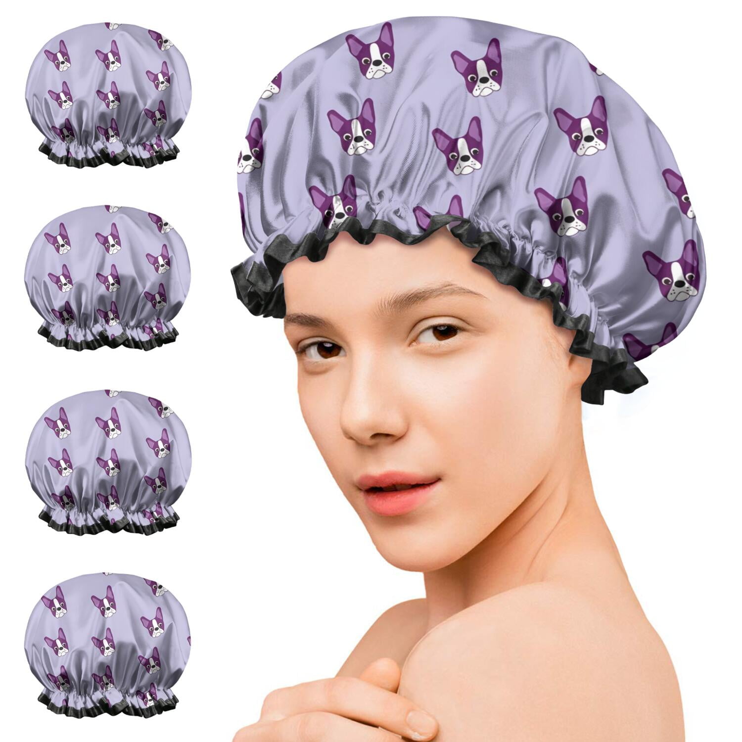 Shower Caps,Purple Boston Terrier Puppy Waterproof Shower Cap for Women 4 Pieces,Double Reusable Hair Cover for Shower PEVA Elastic Stretch Hem