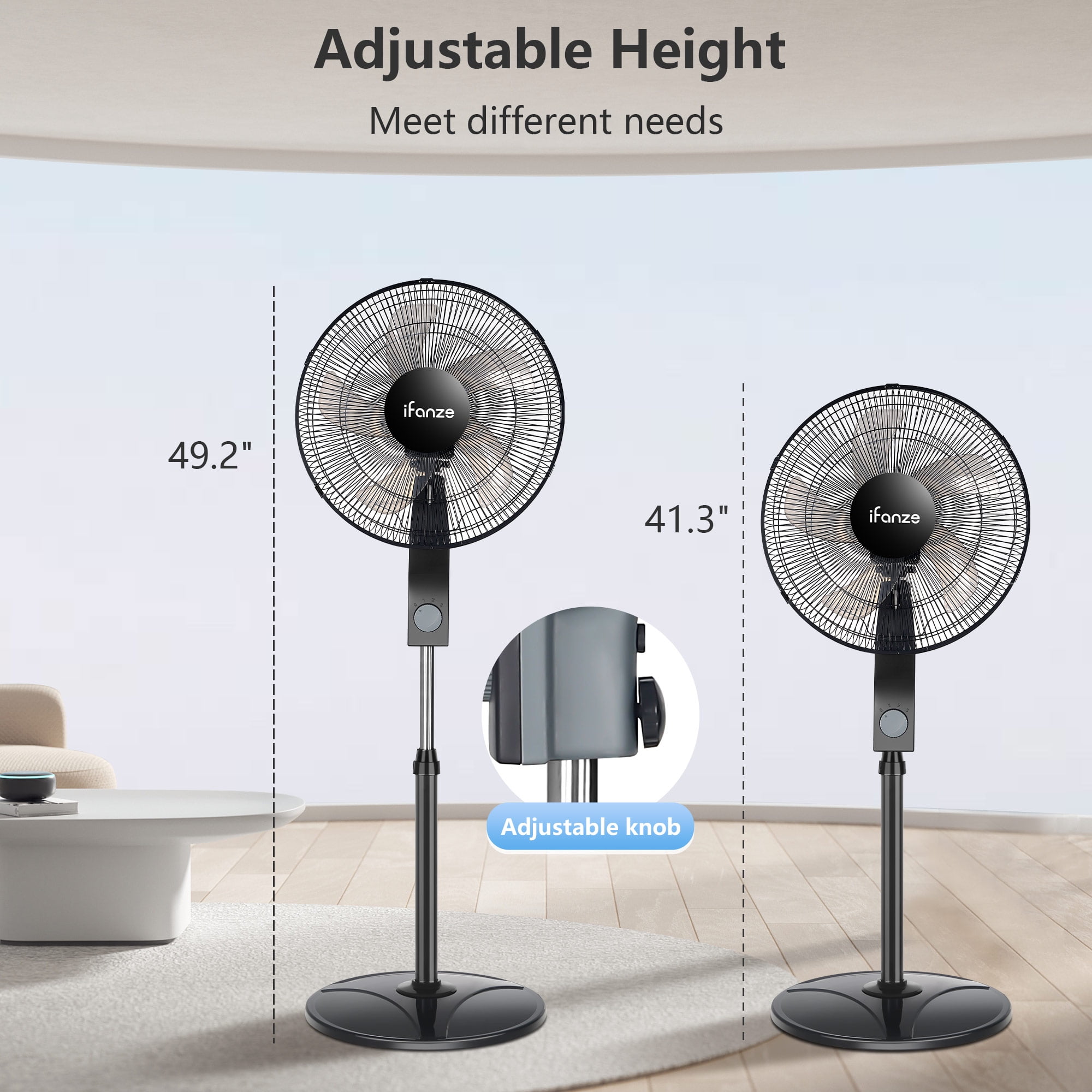 16" Oscillating Pedestal Fan, 5 Blades 3 Speeds Quiet Stand up Fan, Easy to Carry Adjustable Height and Tilt Electric Standing Fan for Home Bedroom, Black