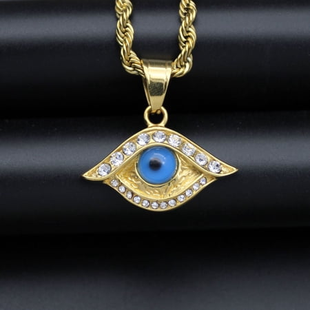 Eye of Horus, Eye of God 14K Yellow Gold Necklace, Evil Eye Pendant, Men's Trendy Retro Weird Egyptian Amulet Jewelry