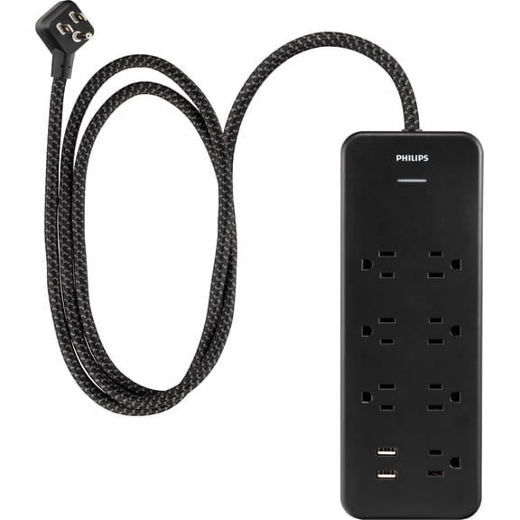 Philips 7-Outlet Surge Protector, 2USBA, Adapter-Spaced, 4ft Braided Cord