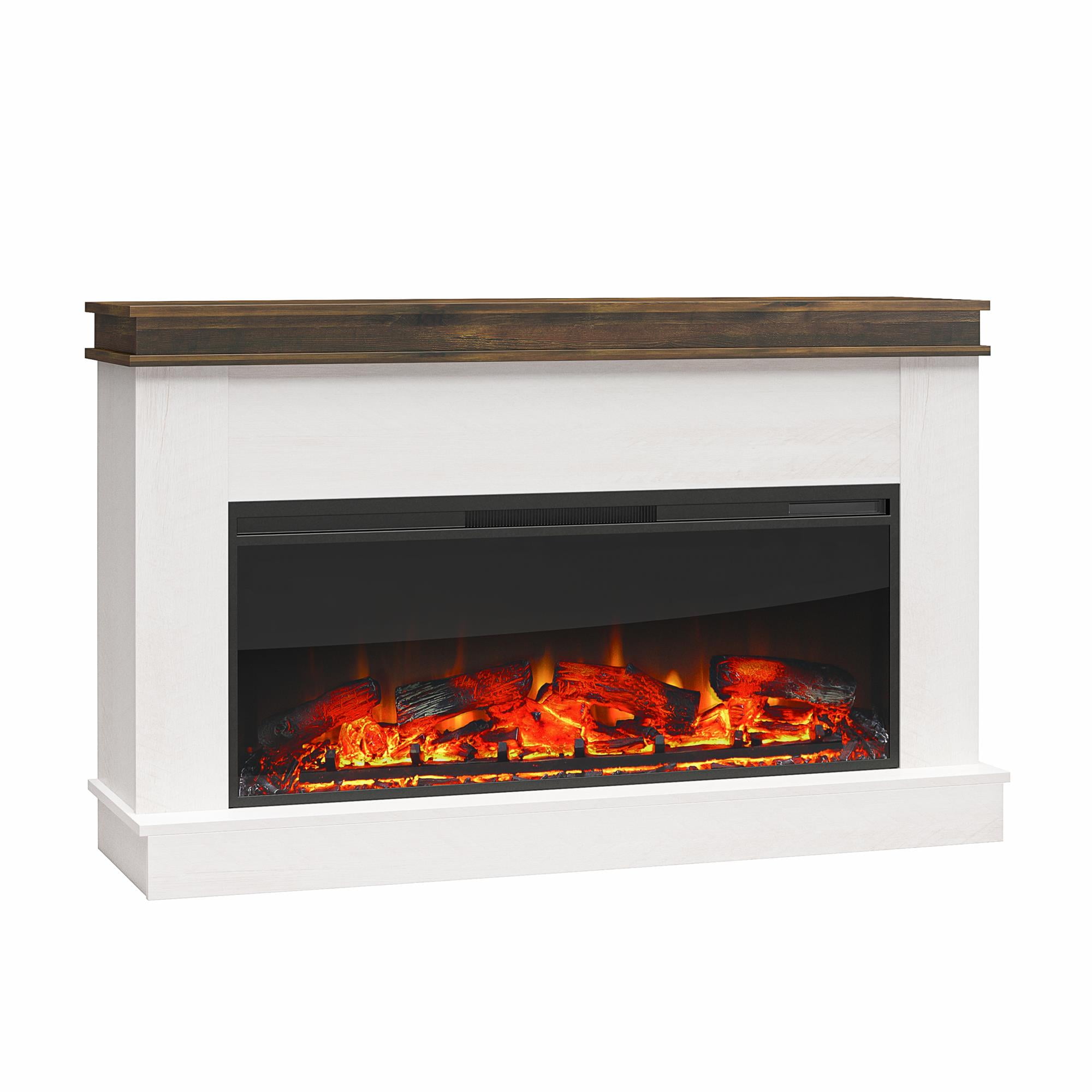 Mateo Wide Mantel with Linear Electric Fireplace and Remote for TVs up to 65", Ivory Oak/Rustic
