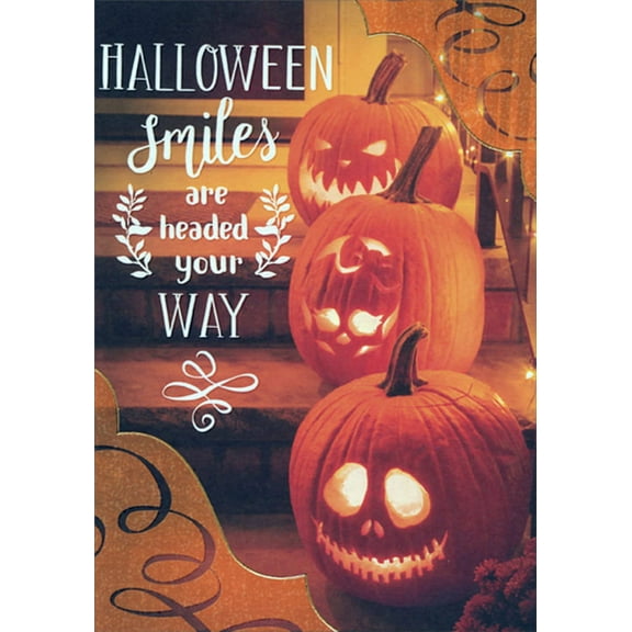 Designer Greetings Halloween Smiles : 3 Pumpkins on Stairs Halloween Card