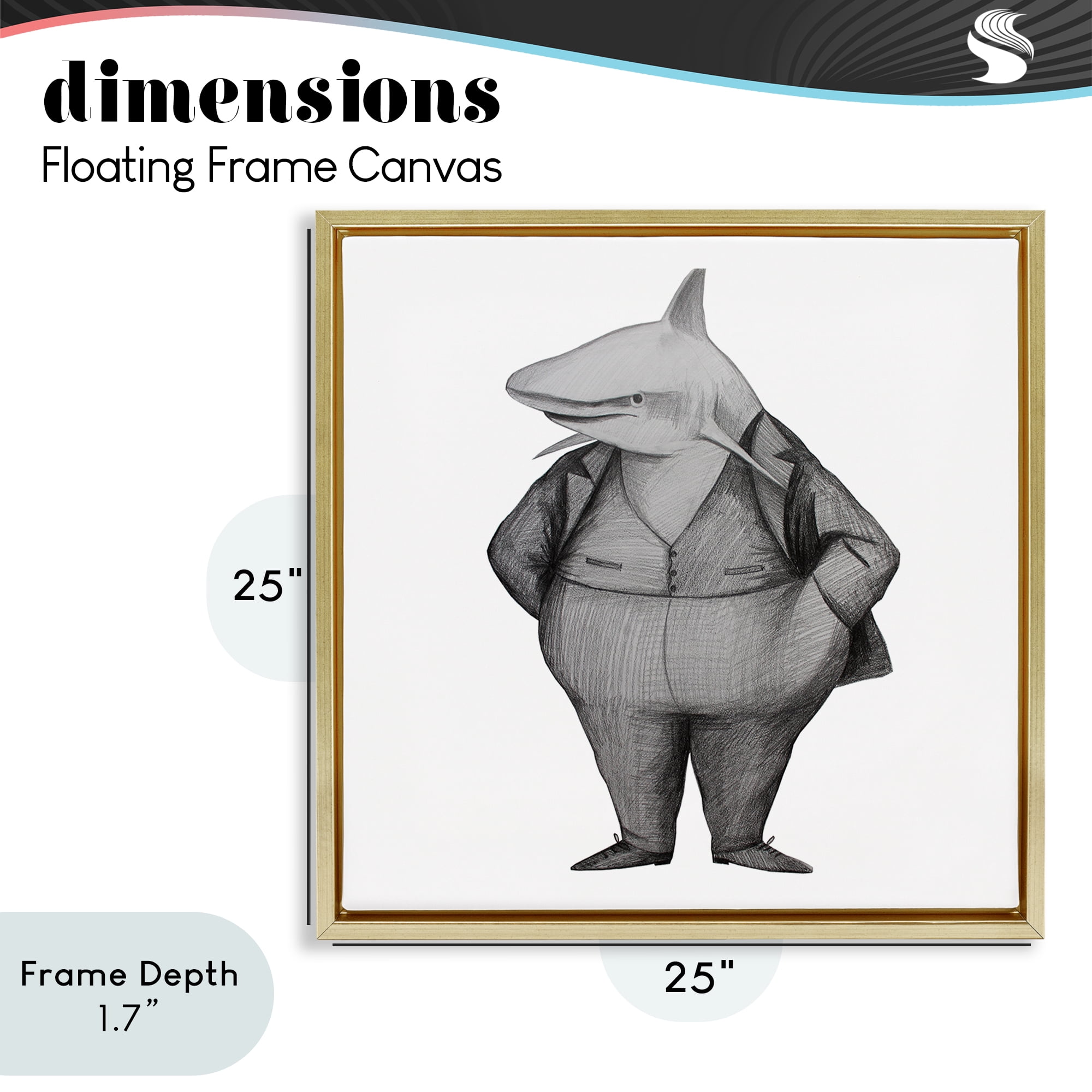 Stupell Industries Shark In Suit Drawing Gold Framed Floater Canvas Wall Art, design by Violeta Vollmer