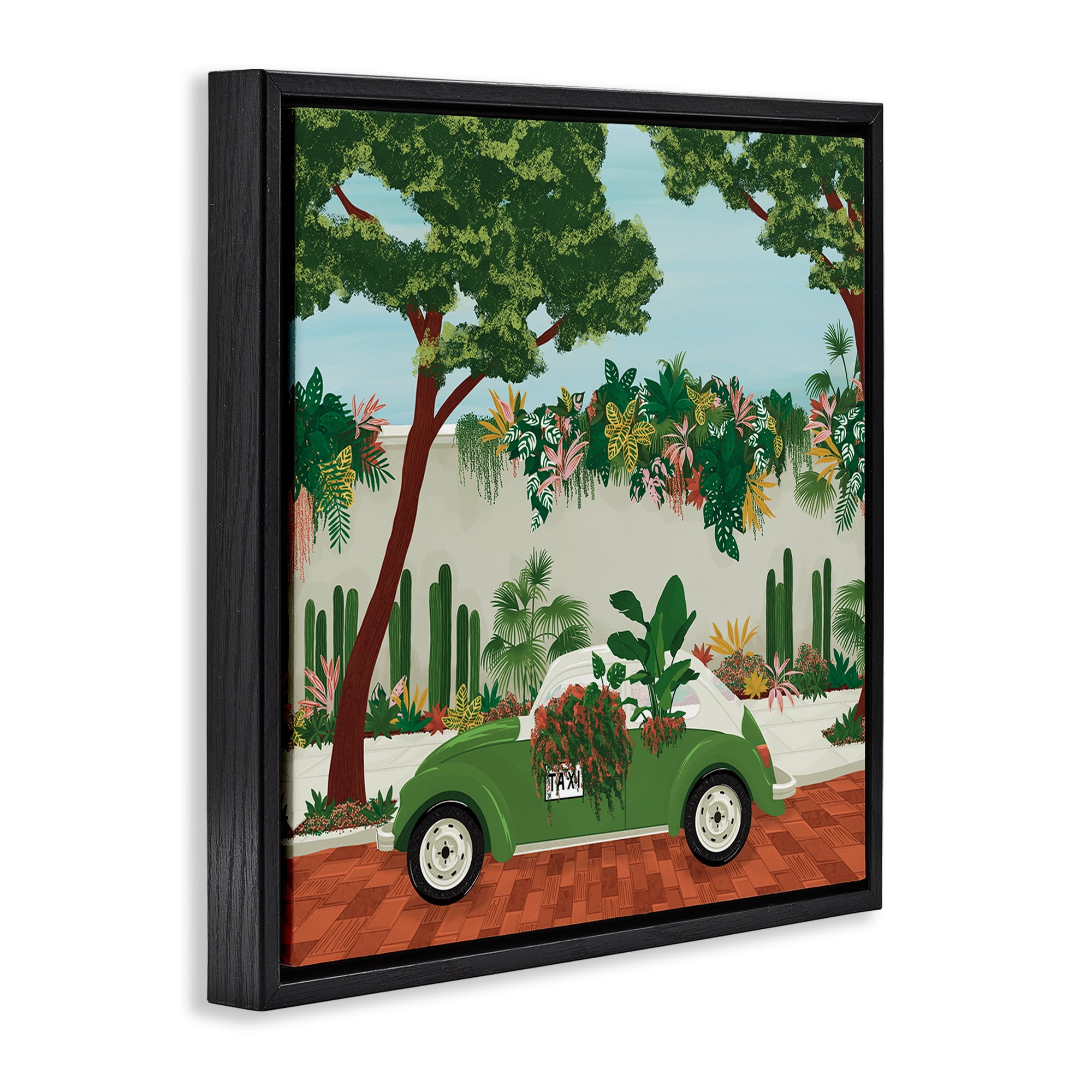 Stupell Industries Overgrown Garden Taxi Black Framed Floater Canvas Wall Art, design by Vero Illustrates