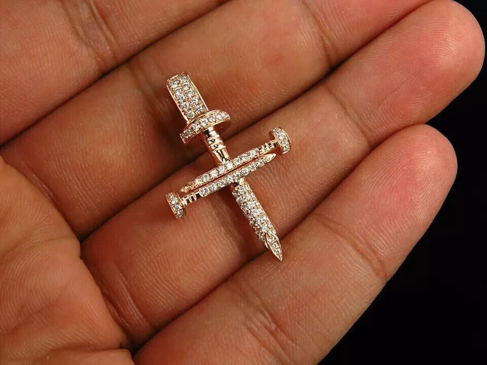 TAAPSEE JEWELS Cubic Zirconia Round Cut 14k Rose Gold Finish Nail Cross Pendant for Women