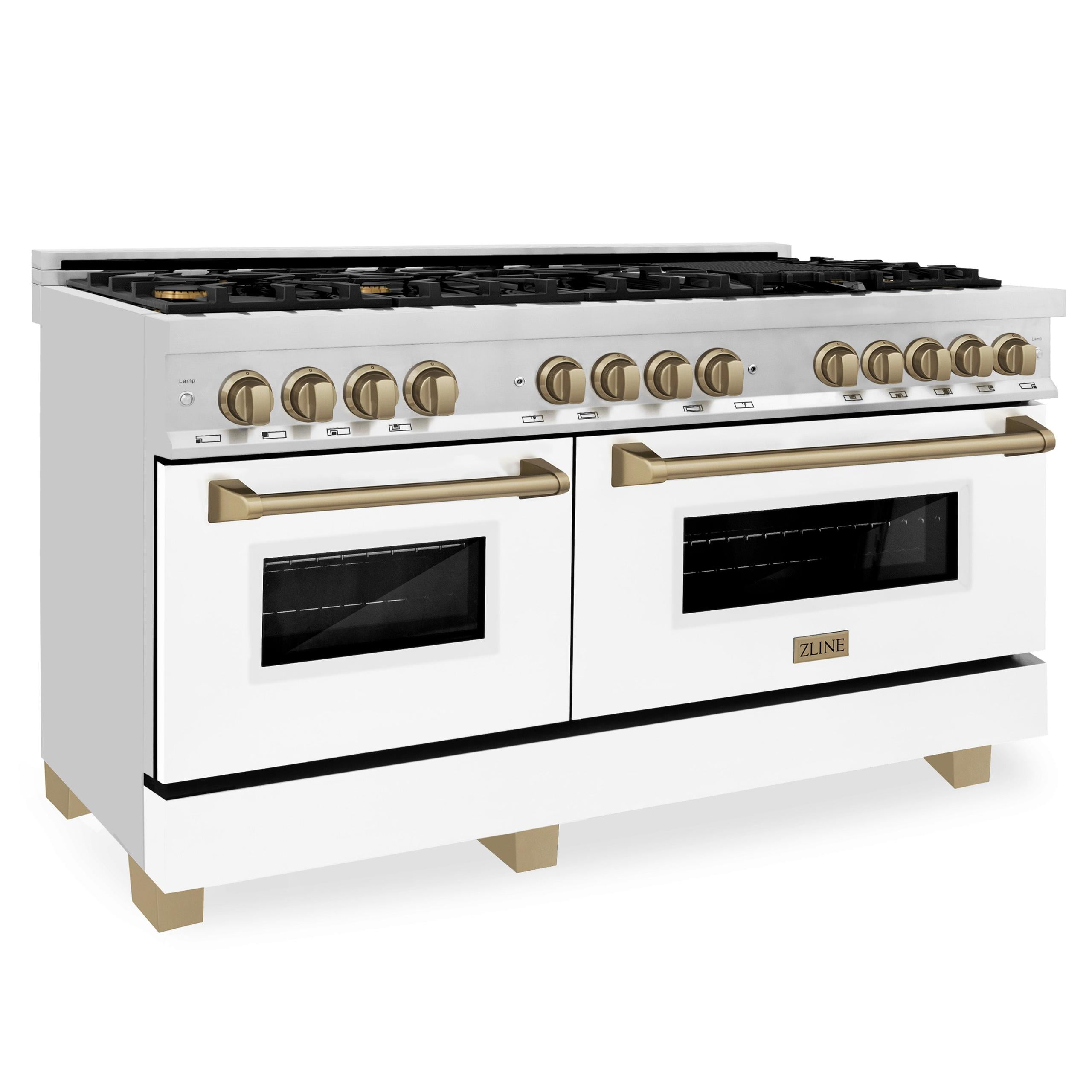 ZLINE Autograph Edition 60" 7.4 cu. ft. Dual Fuel Range with Gas Stove and Electric Oven in Fingerprint Resistant Stainless Steel with White Matte Door and Gold Accents (RASZ-WM-60-G)