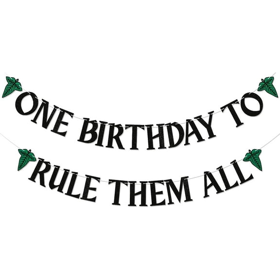 One Birthday To Rule Them All Banner - Fantasy Shire Theme Birthday Party Decor, Medieval Baby Shower Decorations Black Glitter