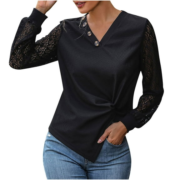 fatyb Tops for Women Dressy Lace Long Sleeve Patchwork Shirts Casual V Neck Womens Elegant Blouses