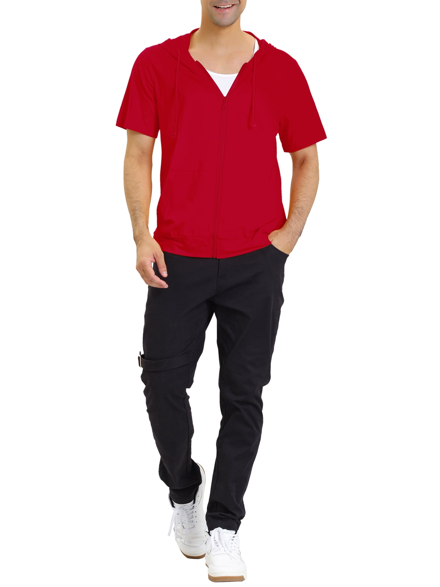 Unique Bargains Men's Short Sleeve Solid Color Zip Up Sport Hoodies 2XL Red