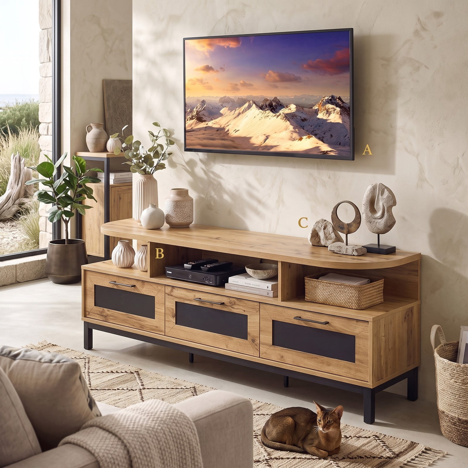 Furnibear Entertainment Center TV Stand for TVs up to 75 Inch, Wood Media Console Table with 3 Storage Drawers and Open Shelves, Living Room Bedroom, Rustic Natural