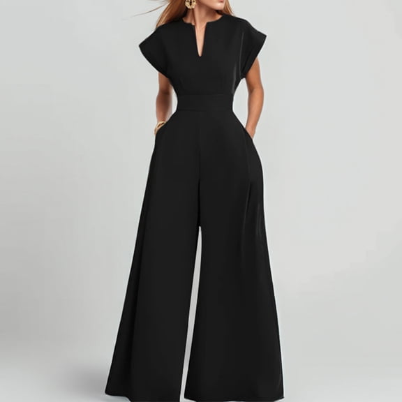 EASYBRA Womens V Neck Short Sleeve Wide Leg Jumpsuit Elegant Loose High Waist Office Casual Outfit