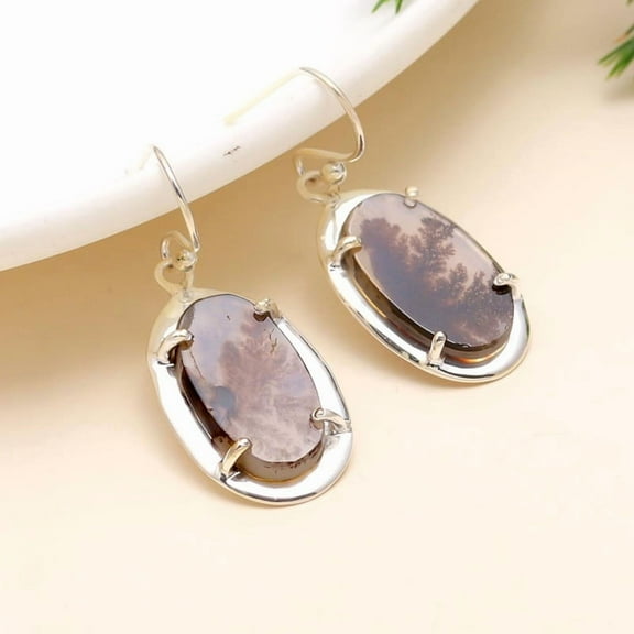 Moss Agate Dangle Earrings – Handmade 925 Sterling Silver Oval Gemstone Drop Earrings for Women