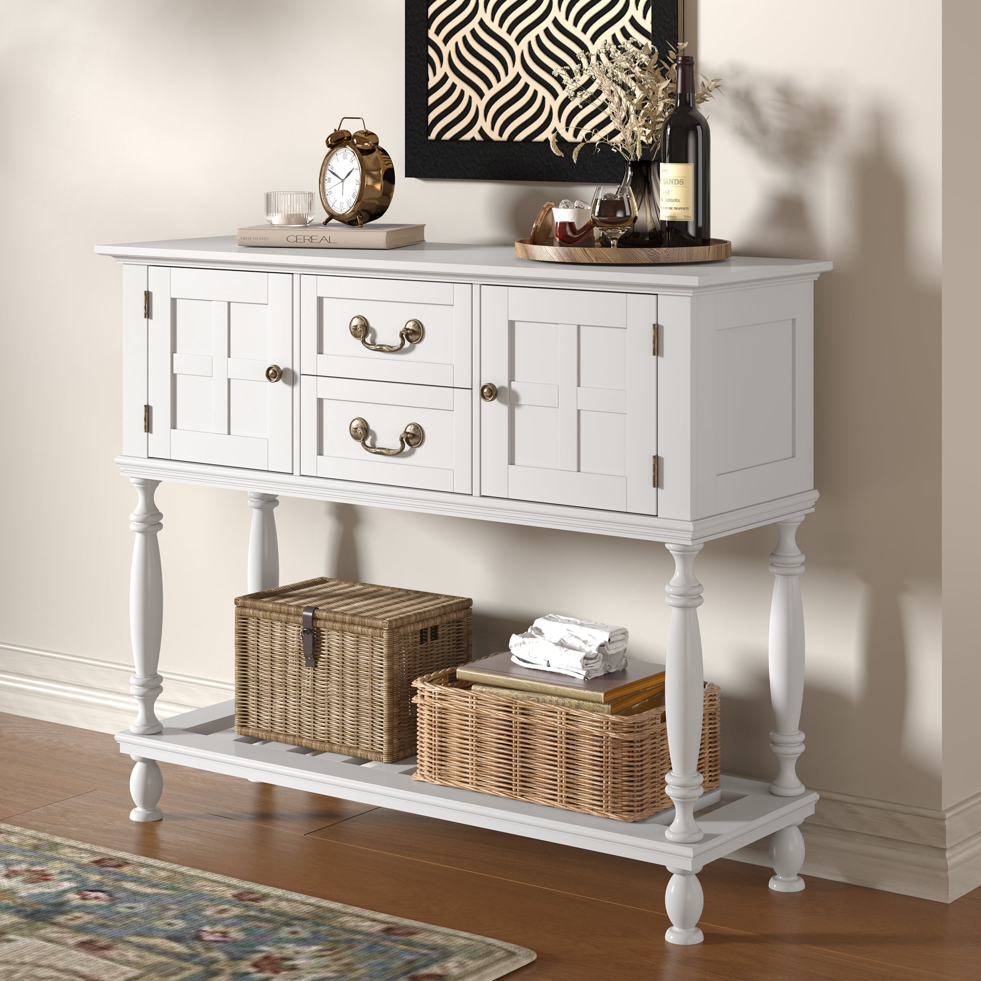 ZOSQUARE 42" White Console Table with Storage Cabinet, Entryway Table with Turned Legs and Bottom Shelf, Vintage Sofa Table Behind Couch for Living Room