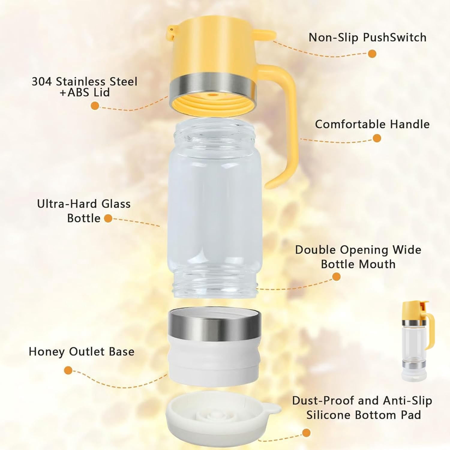 Honey Dispenser No Drip with Base, 10oz Glass Honey Dispenser with Handle, Mess Free Syrup Dispenser, Pressure Design for Quantitative Honey Extraction Syrup and Jam (Yellow)
