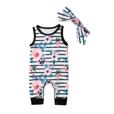 

Mxiqqpltky Toddler Baby Girls Romper Floral Print Stripe Patchwork Jumpsuit Bandage Headband