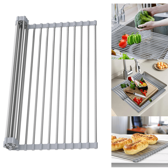 Manss Roll Up Dish Drying Rack, 17" x 15" Over The Sink Dish Drainer Rack, Foldable Dish Drainer for Kitchen Counter(Gray)