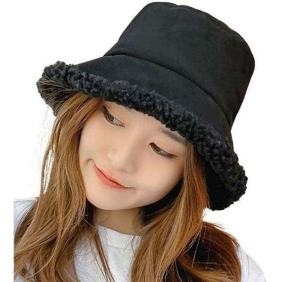 CoCopeaunt Women Fluffy Bucket Hat Casual Fuzzy Plush Warm Travel Girls Students Fisherman Cap
