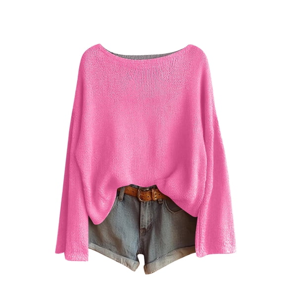 Women's Knit Sweatshirts Dolman Batwing Sleeves Knitted Sweaters Cute Shirt Fall Spring Crewneck Pullover Tops Hot Pink XL