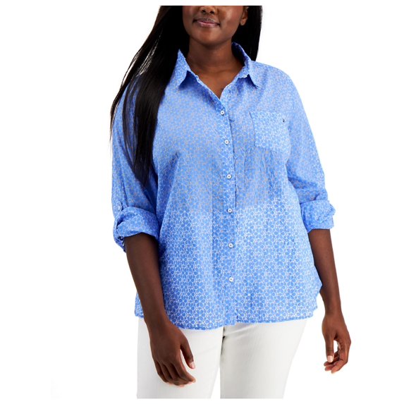 Tommy Hilfiger Womens Plus Burnout Collared Work Wear Button-Down Top