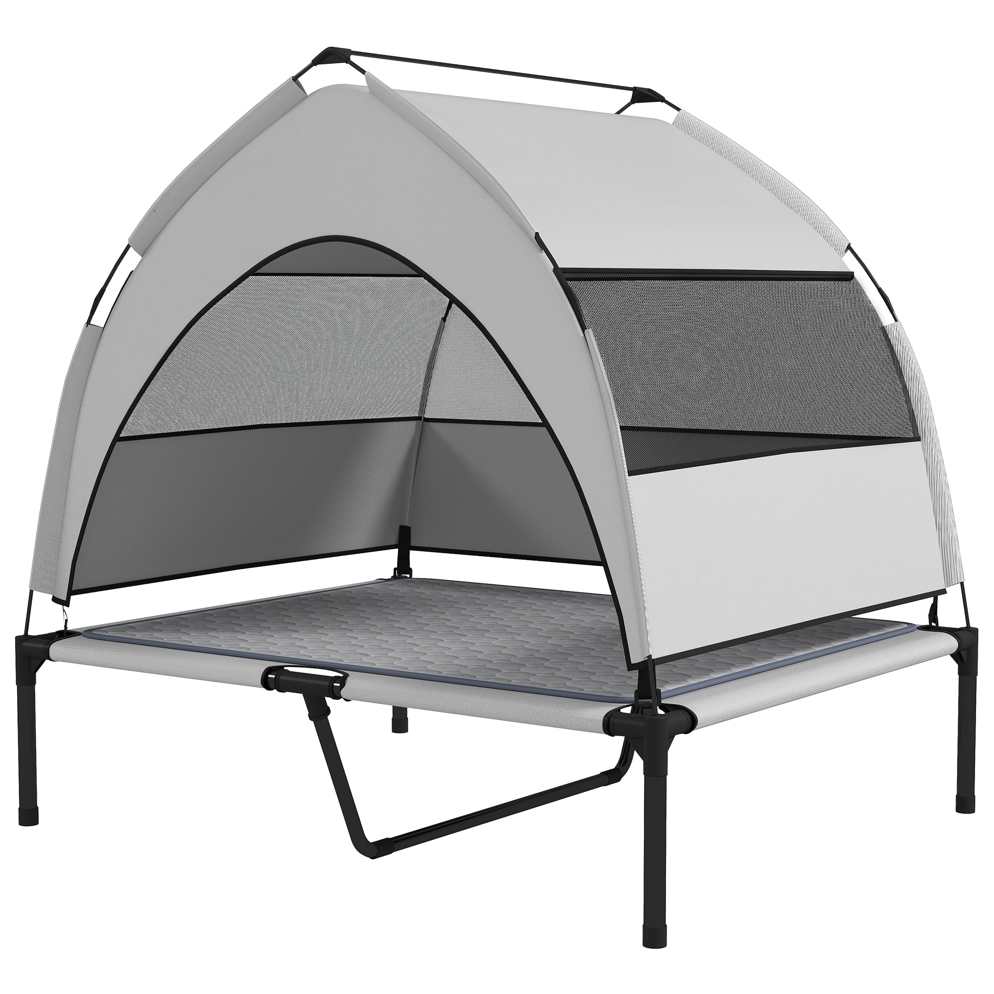 Elevated Cooling Dog Bed with Canopy for Large Dogs up to 66 lbs, Outdoor Indoor Raised Pet Cot with Cooling Pad, Portable Foldable, 36.2”L, Ideal for Patio, Yard, Camping & Beach