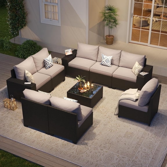 Aoxun Patio Furniture Set, 9 Pcs Outdoor Patio Furniture Sets with 4 in Thicken Cushion, Widen Armrests Wicker Outdoor Sectional for Backyard (Waterproof Cover Include)
