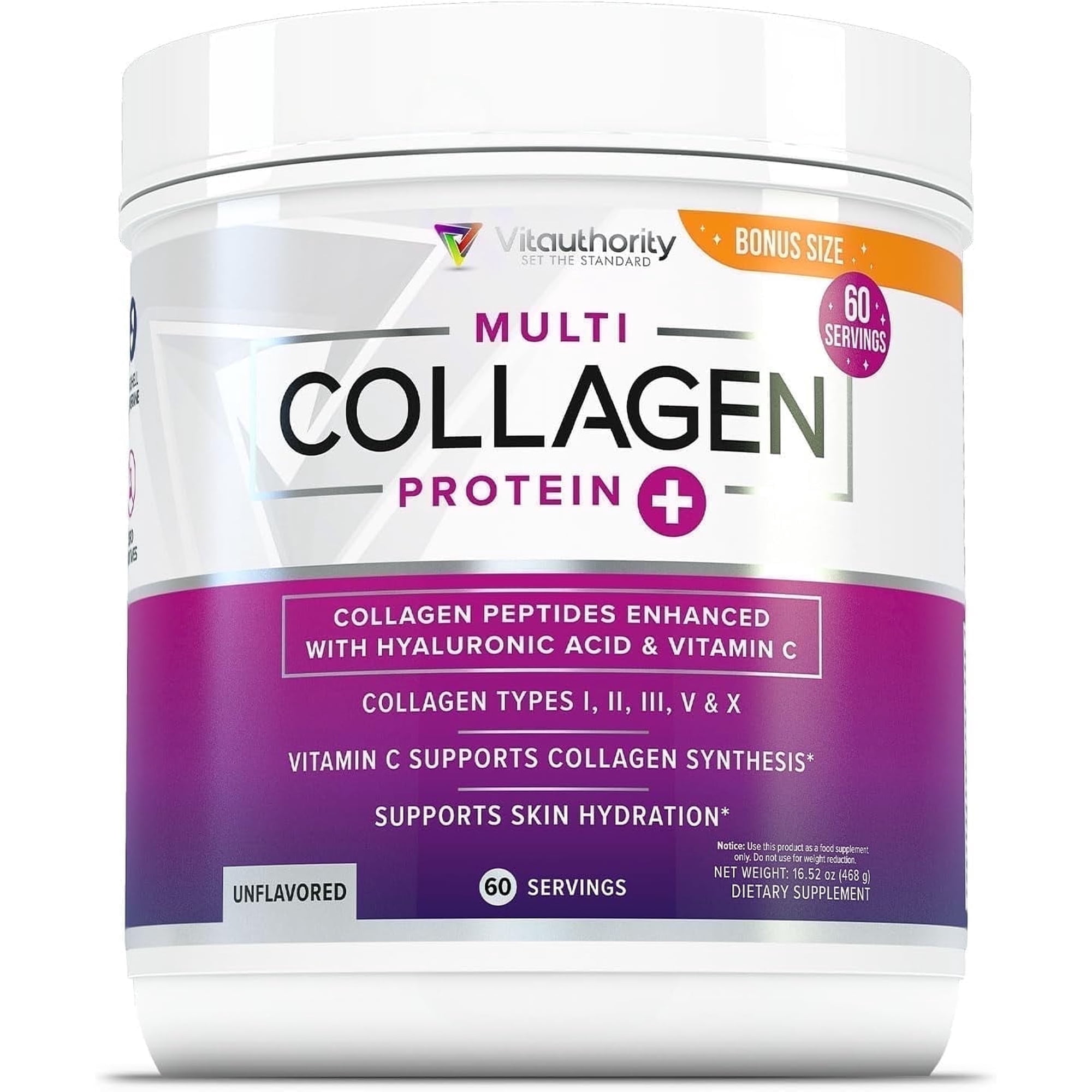 Vitauthority Multi Collagen Peptides Beauty Supplement, Hydrolyzed Protein Powder with Vitamin C & Hyaluronic Acid, Unflavored, 16 oz