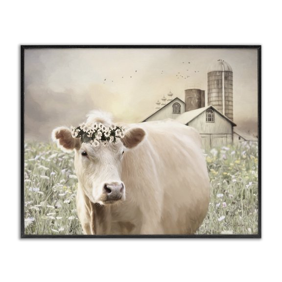 Stupell Industries Farmhouse Realistic Cow Floral Crown Tranquil Farm Field Black Framed Giclee Art, 14 x 11, by Lori Deiter