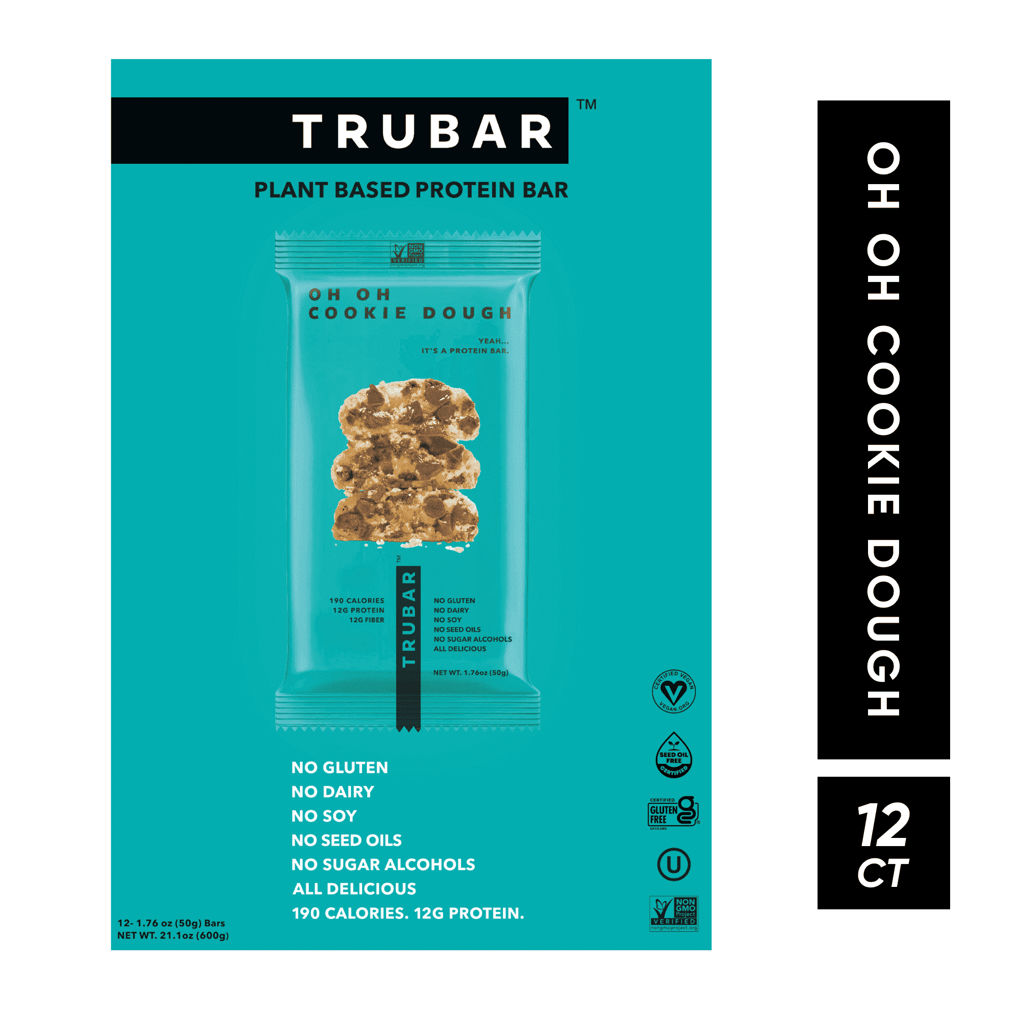 TRUBAR Oh Oh Cookie Dough, Plant-Based Protein Bar, Vegan, Gluten-Free, 12 Count