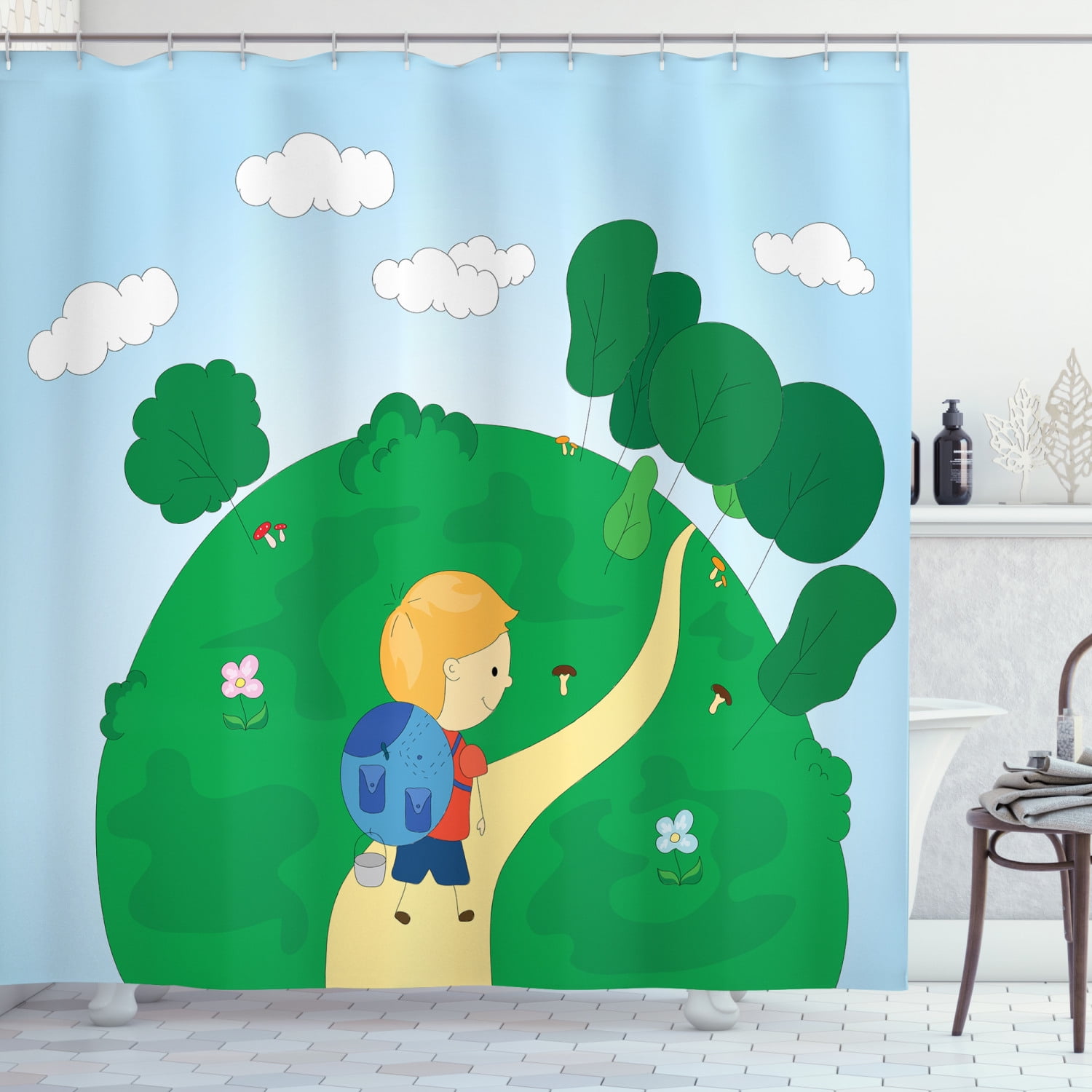Boy Scout Shower Curtain, Kid with A Backpack Hiking to the Mountain