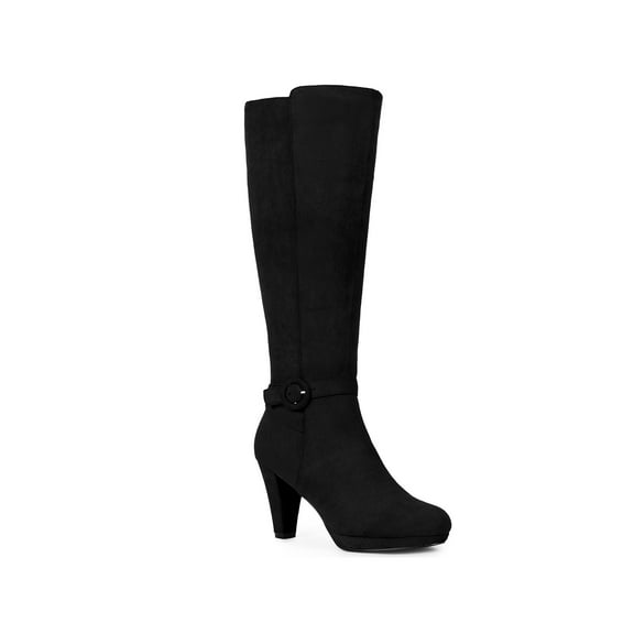 BLISSFUL STEP Women's Boots Knee High Faux Suede Chunky Heel Round Toe Zip Up Buckle Boots Black White 5.5