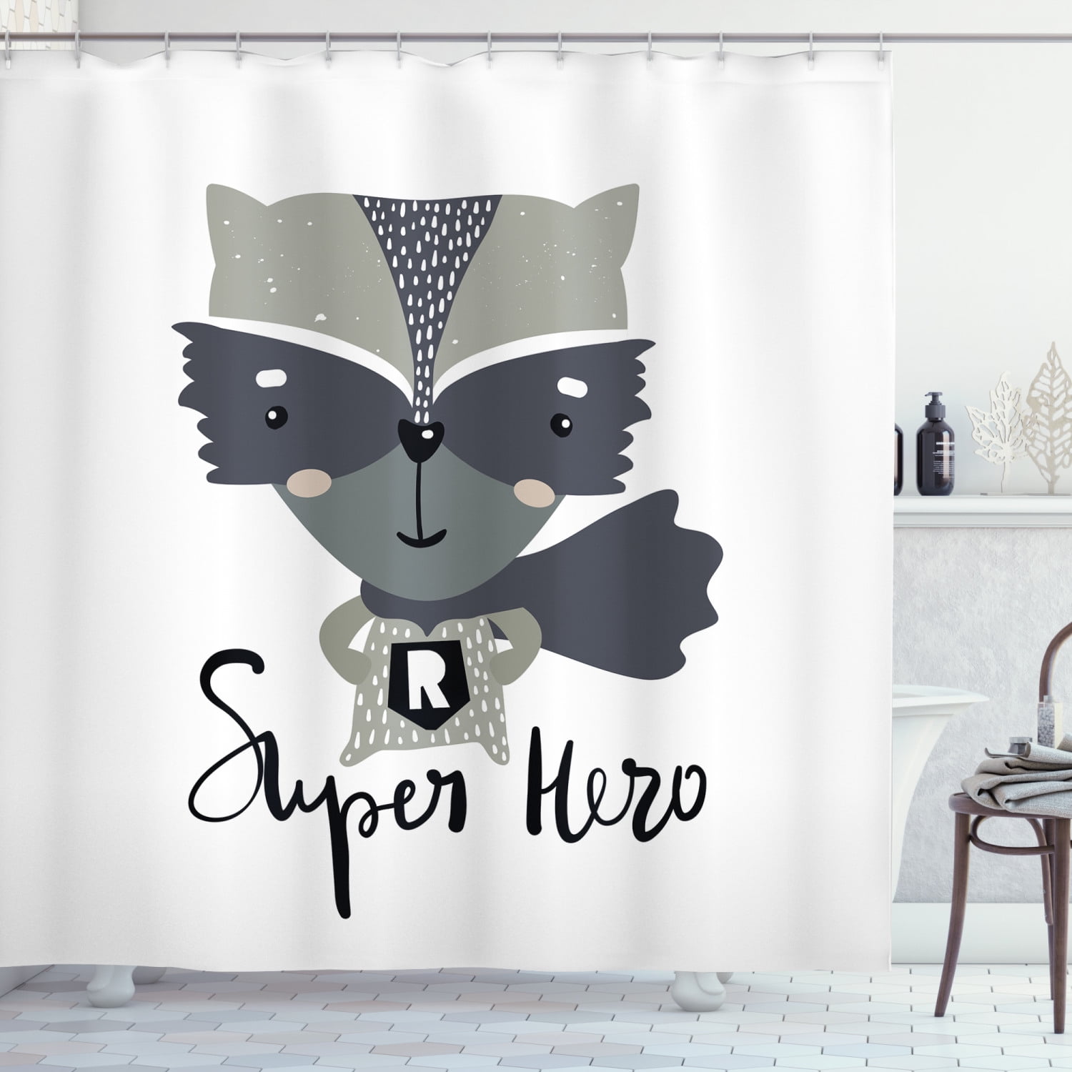 Raccoon Washing Clothes Bathroom & Hooks Waterproof Fabric Shower Curtain Set 