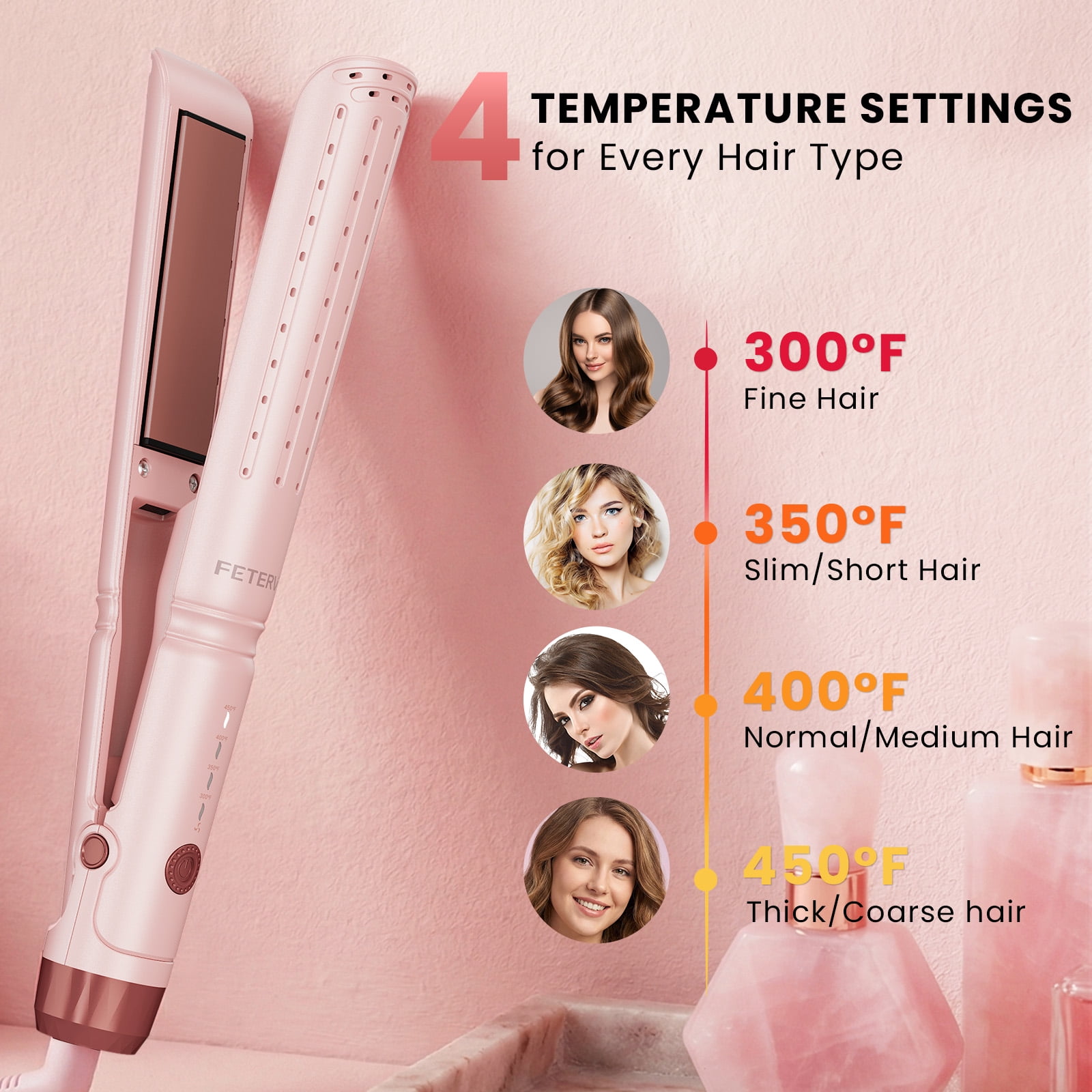 FETERVIC 2-in-1 Airflow Curling Iron Flat Iron, Hair Straightener & Curler, 1 inch Curling Wand with 20 Million Negative Ions, 4 Temp Settings, Dual Voltage for Travel