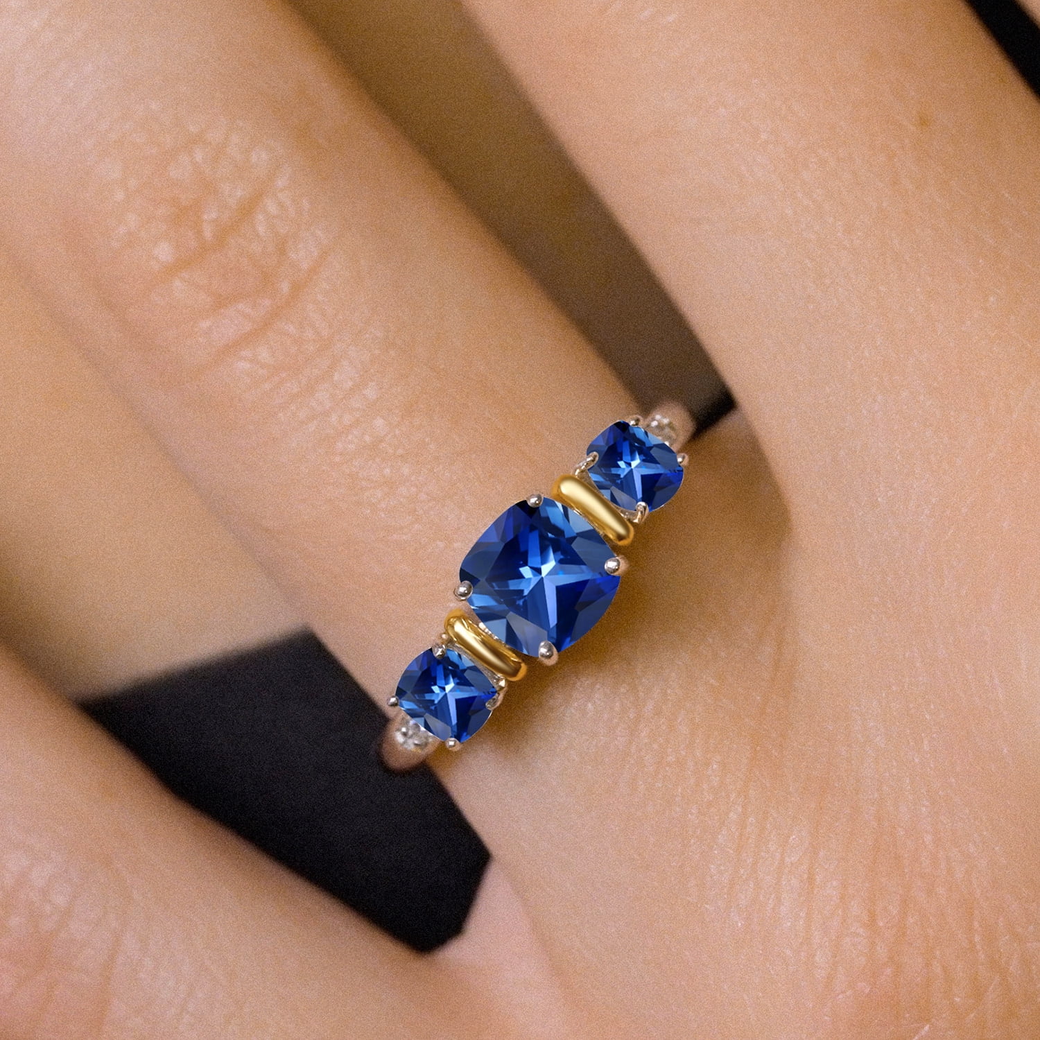 Gem Stone King 925 Sterling Silver and 10K Yellow Gold Blue Created Sapphire 3 Stone Engagement Ring for Women (1.69 Cttw, Cushion Cut 6MM and 4MM, Available in Size 5, 6, 7, 8, 9)