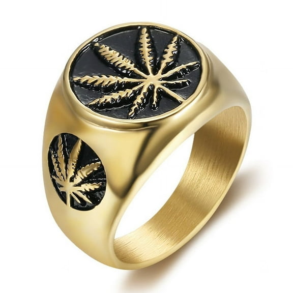 Hip Hop Hemp Maple Leaf Ring Male Golden Color 14K Yellow Gold Rings For Men Women Hiphop Jewelry Christmas Gift