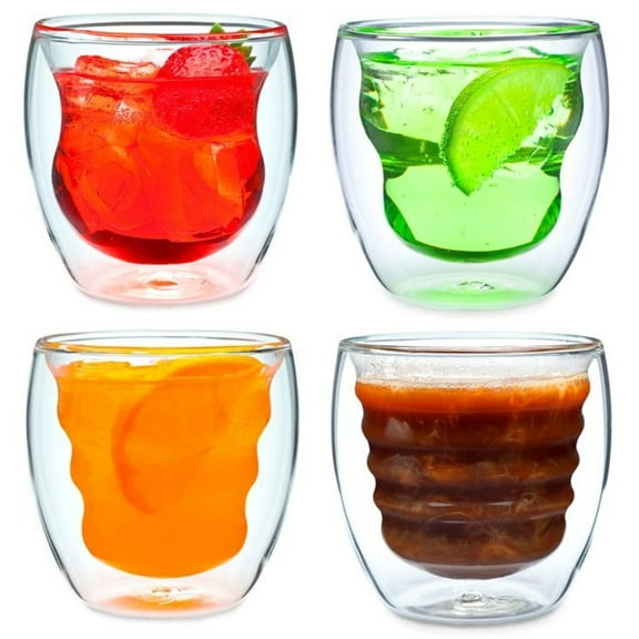 Curva Artisan Series Double Wall Beverage Glasses and Tumblers - Set of 4 Unique 8 oz Drinking Glasses