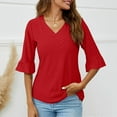 thumbnail image 3 of tklpehg Long Sleeve Shirts for Women V-Neck Flared Mid-length Tops Going Out Tops Fall Clothes Leisure Comfortable Solid Color Womens Clothes Pullover Red XXL, 3 of 5