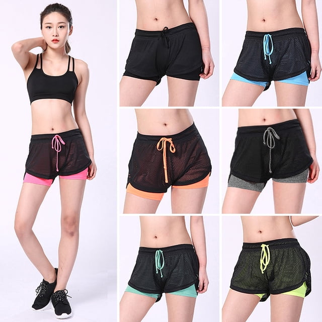 Pantalones cortos deportivos 2 en 1 para mujer transpirables de secado rápido elásticos con cordón de cintura alta