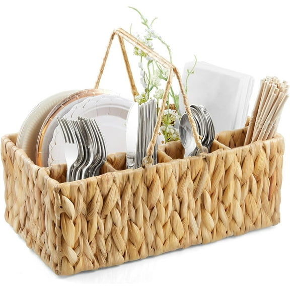 Silverware Holder for Party, Wicker Utensil Caddy, Woven Picnic Caddy for Plates, Water Hyacinth Cutlery Basket, Hosting Essentials Organizer