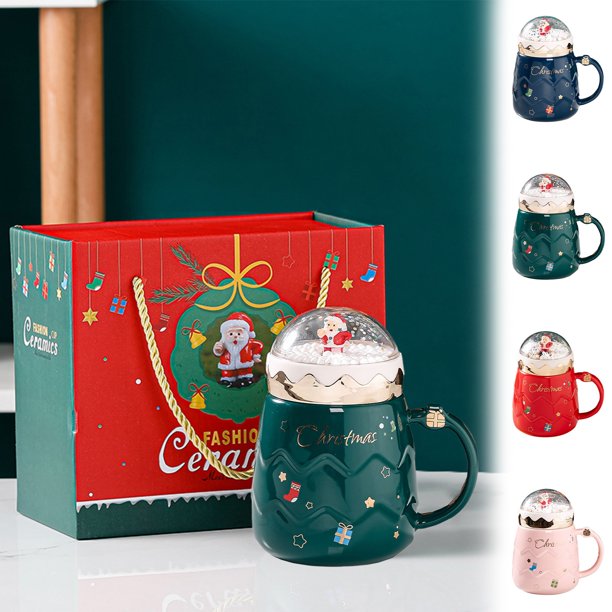 Xihbxyly Oferta Del Día Prime Liquidación de Hoy Taza de Cerámica Navideña Degradado Perlado En Rojo y Verde, Taza Festiva con Tapa, 450 Ml, Como Regalo de Navidad para Familiares, Socios y Compañero